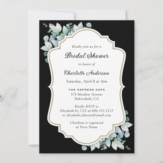 Black Greenery Eucalyptus Bridal Shower Invitation (Front)