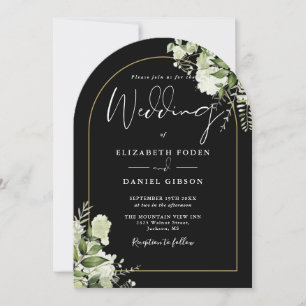 Black Greenery Floral Gold Arch Monogram Wedding Invitation