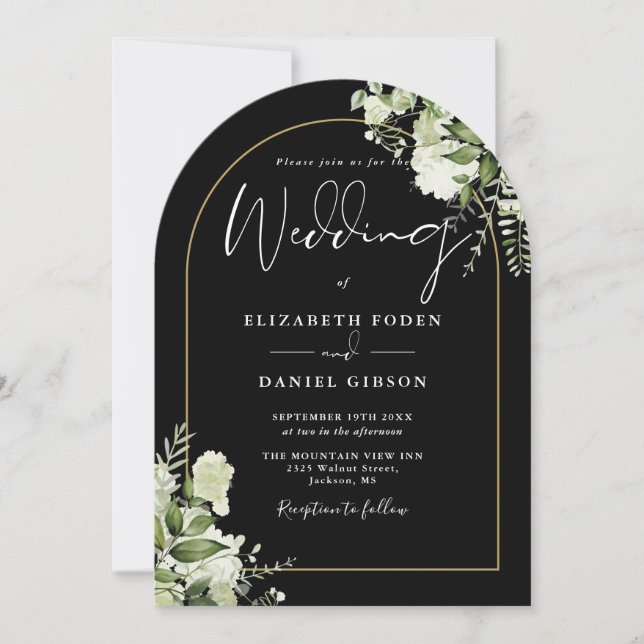 Black Greenery Floral Gold Arch Monogram Wedding Invitation (Front)