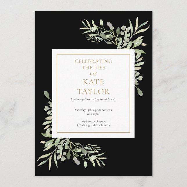 Black Greenery Funeral Memorial Order Of Service Program (Front)