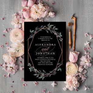 Black Greenery Geo Rose Gold Wedding Invitation
