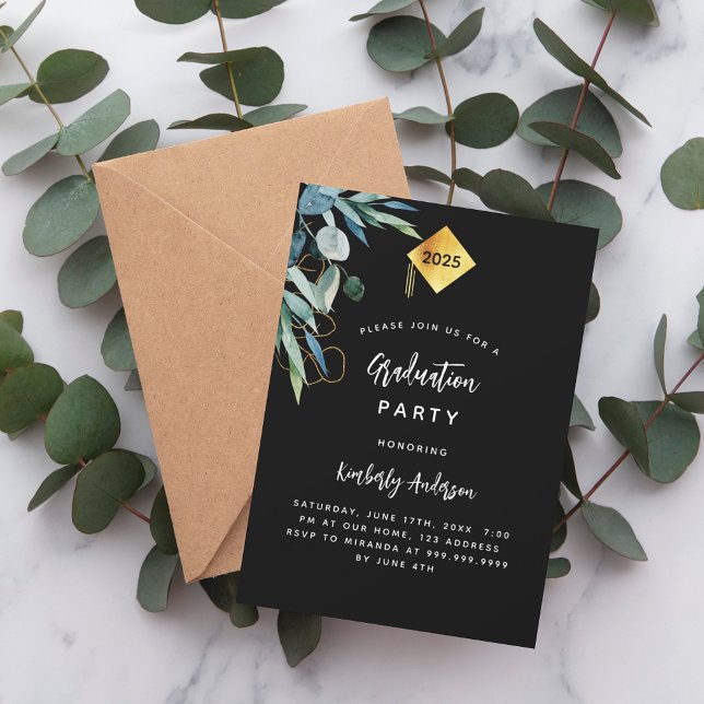 Black greenery gold cap 2026 graduation party invitation (Creator Uploaded)