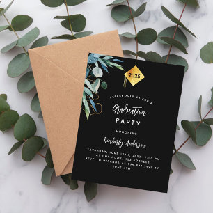 Black greenery gold cap 2026 graduation party invitation postcard