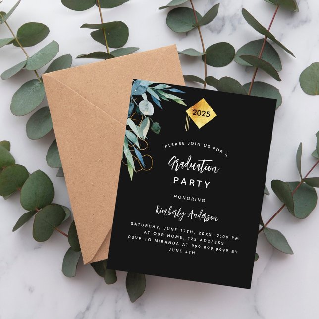 Black greenery gold cap 2026 graduation party invitation postcard (Creator Uploaded)