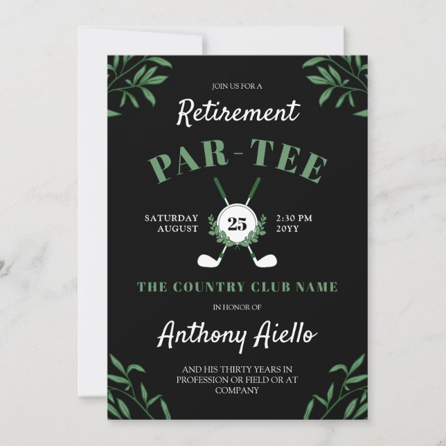 Black Greenery Golf Themed Retirement Party Invitation (Front)