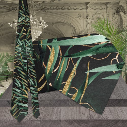 Black Greenery Palms  Gold Tropical Wedding Neck Tie