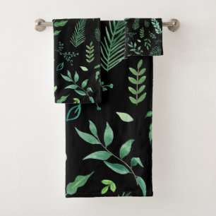Black Greenery Watercolor Botanical Leaves Bath Towel Set