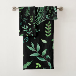 Black Greenery Watercolor Botanical Leaves Bath Towel Set