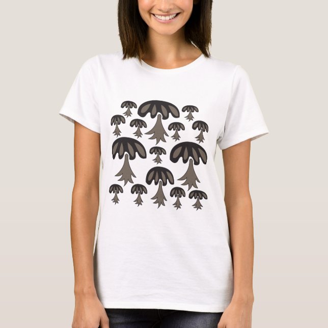 Black Grey Abstract Mushroom Illustration T-Shirt (Front)