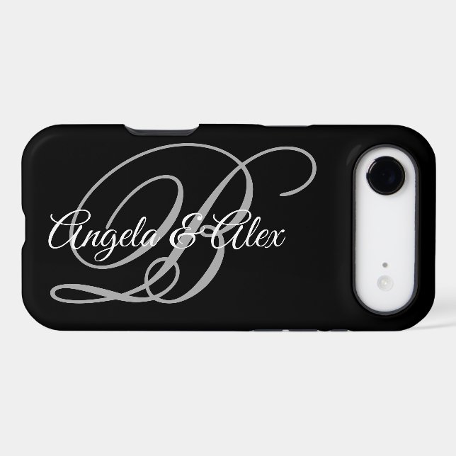 Black Grey and White Fancy Script Monogram iPhone Case (Back Horizontal)
