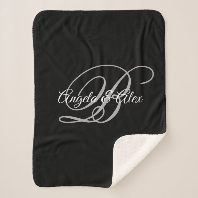 Black Grey and White Fancy Script Monogram Sherpa Blanket (Front)