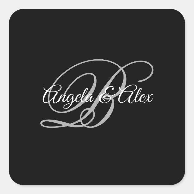 Black Grey and White Fancy Script Monogram Square Sticker (Front)