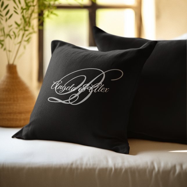 Black Grey and White Fancy Script Monogram Throw Pillow (Black Grey and White Fancy Script Monogram Throw Pillow)