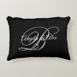 Black Grey and White Fancy Wedding Monogram Accent Pillow<br><div class="desc">A couple's monogram with a fancy calligraphy script in grey and white against a blacksolid color background. 
You can customize the colors in this typography design or the fancy and elegant calligraphy styles. 
An accent pillow wedding gift for the newly weds. 
White,  grey and black home decor.</div>