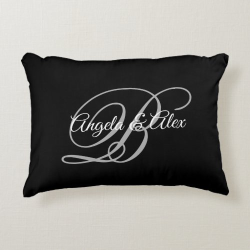 Black Grey and White Fancy Wedding Monogram Accent Pillow