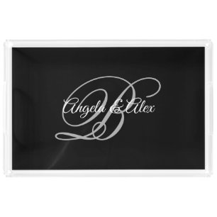 Black Grey and White Fancy Wedding Monogram Acrylic Tray