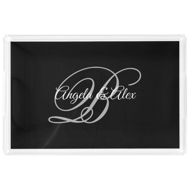 Black Grey and White Fancy Wedding Monogram Acrylic Tray (Front)