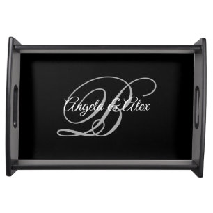 Black Grey and White Fancy Wedding Monogram Serving Tray