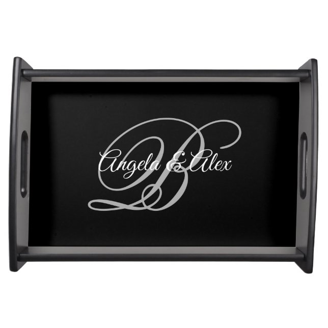 Black Grey and White Fancy Wedding Monogram Serving Tray (Front)