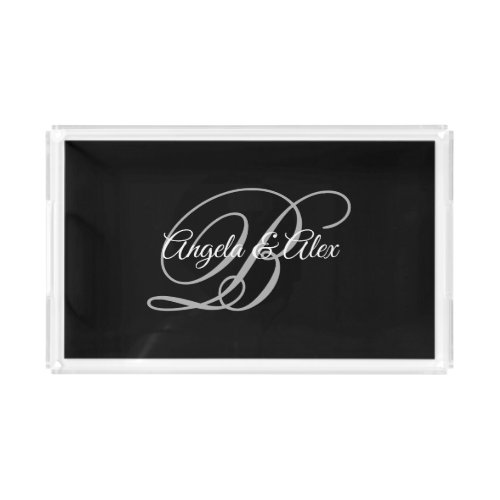 Black Grey and White Fancy Wedding Monogram Small Acrylic Tray