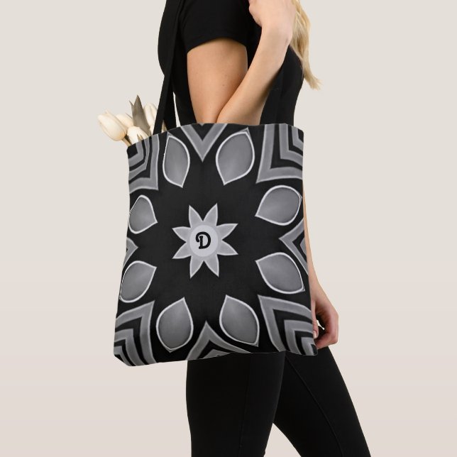 Black, Grey and White Flower Tote Bag (Close Up)