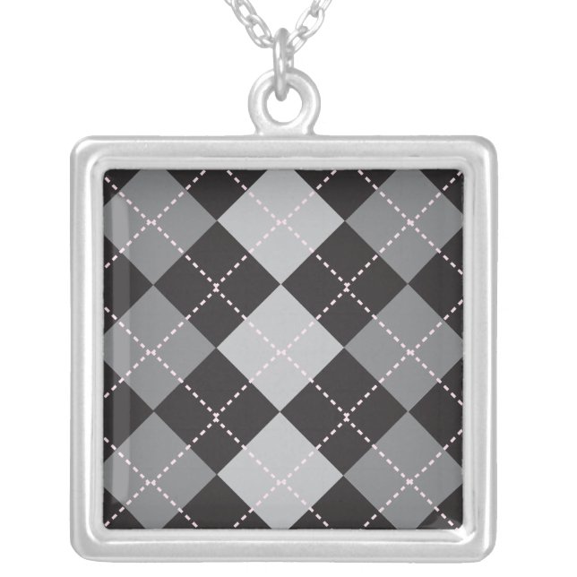 Black Grey Argyle Pattern Silver Plated Necklace (Front)