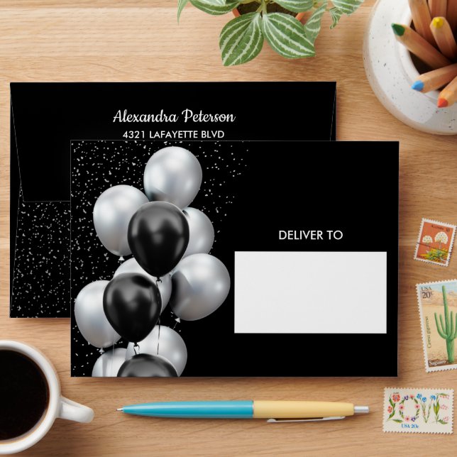 Black Grey Balloon Birthday Chic  Envelope (Desk)