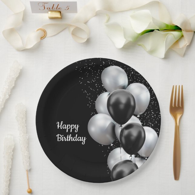 Black Grey Balloon Chic  Paper Plates (Wedding)