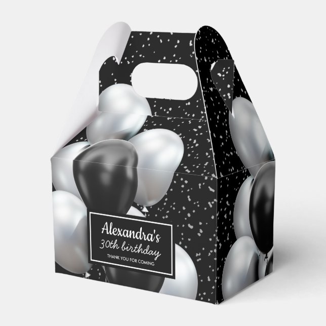 Black Grey Balloon Chic Thank you Birthday Favor Boxes (Front Side)