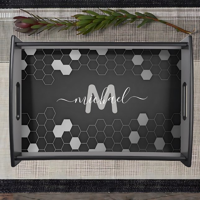 Black & Grey Beehive Personalized Monogram  Serving Tray (Elegant Black & Grey Beehive Custom Monogram Serving Tray)