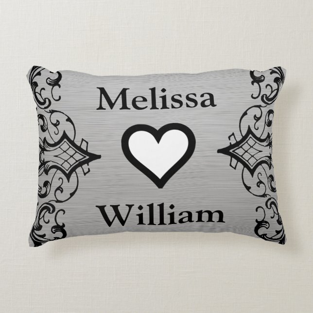 Black Grey Bride Groom Names Floral Wedding Decorative Pillow (Front)