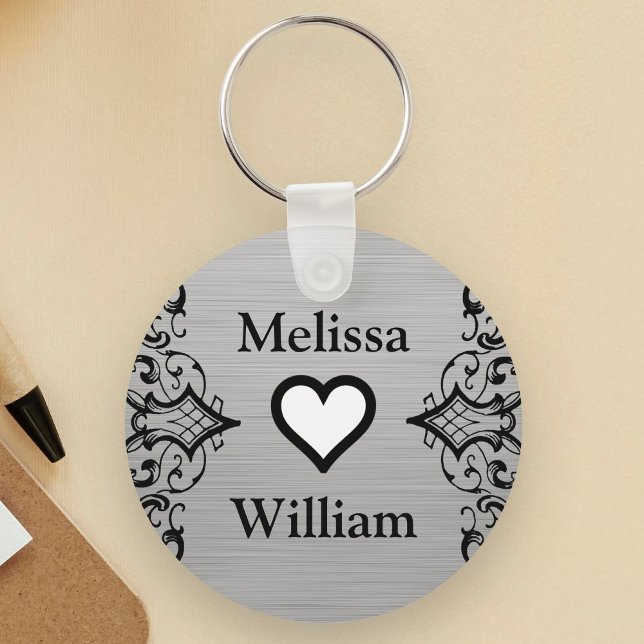 Black Grey Bride Groom Names Floral Wedding Keychain (Creator Uploaded)