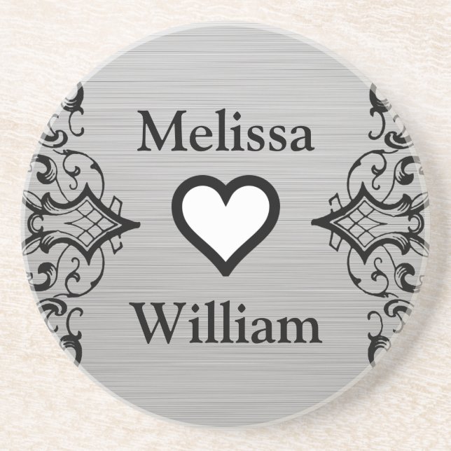 Black Grey Bride Groom Names Floral Wedding Sandstone Coaster (Front)