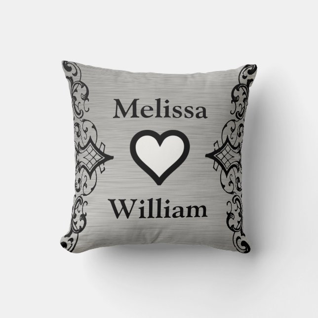 Black Grey Bride Groom Names Floral Wedding Throw Pillow (Front)