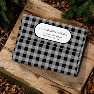 Black Grey Buffalo Plaid Holiday Return Address Envelope