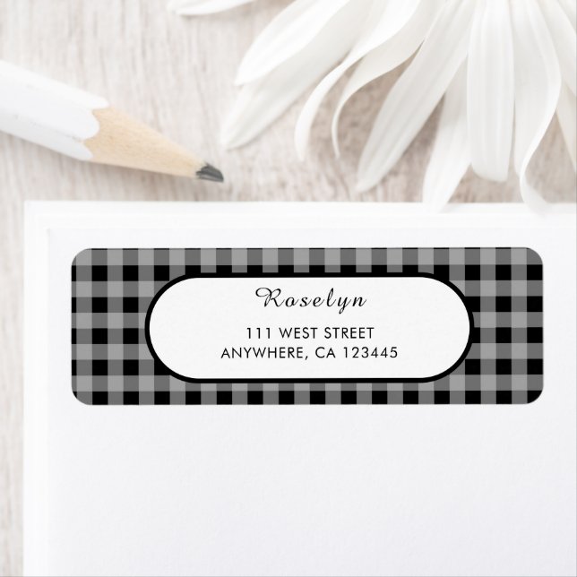 Black Grey Buffalo Plaid Holiday Return Address Label (Insitu)