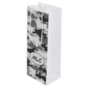 Black Grey Camouflage Monogram Personalized Wine Gift Bag