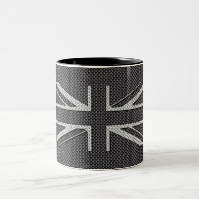 Black & Grey Carbon Fiber UK Flag Union Jack Two-Tone Coffee Mug (Center)