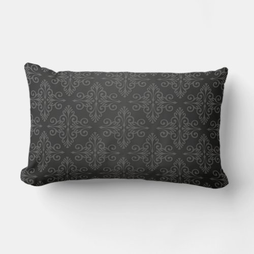 Black Grey Charcoal Damask Pattern Lumbar Pillow