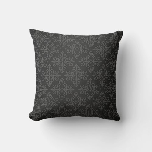 Black Grey Charcoal Damask Pattern Throw Pillow