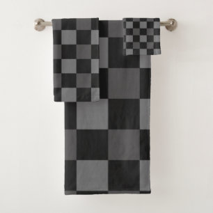 Black & Grey Checkered Squares Plaid Bath Towel Set