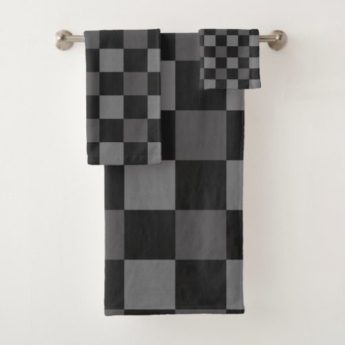 Black  Grey Checkered Squares Plaid Bath Towel Set