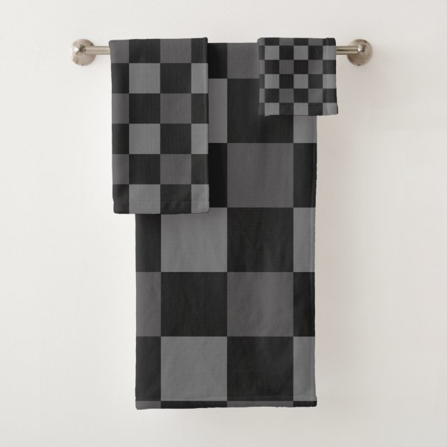 Black & Grey Checkered Squares Plaid Bath Towel Set (Insitu)