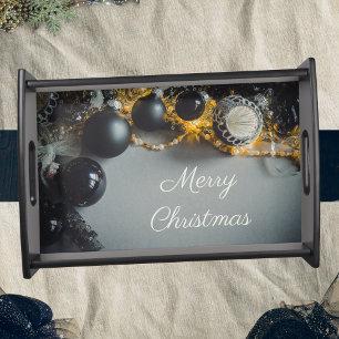 Black Grey Christmas Ornaments with Garlands Serving Tray
