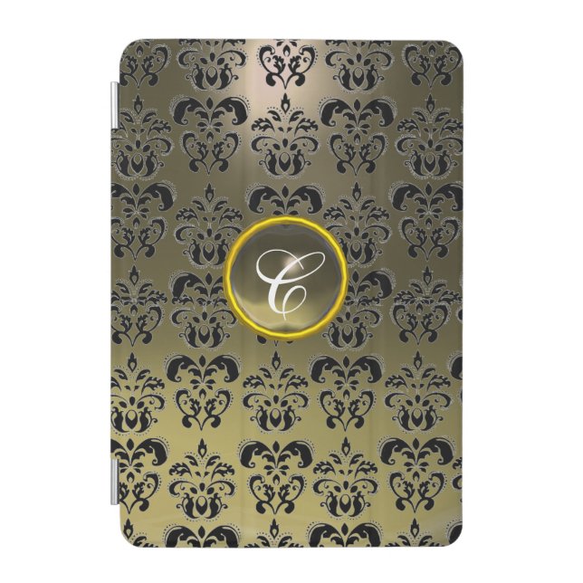 BLACK GREY DAMASK GEM MONOGRAM iPad MINI COVER (Front)
