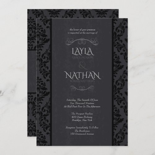Black  Grey Damask Wedding Invitations