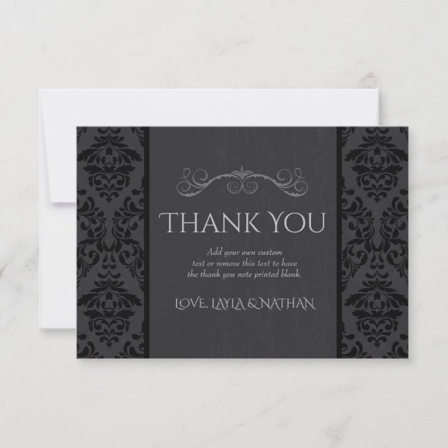 Black & Grey Damask Wedding Thank You Cards (Front)