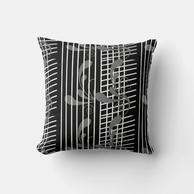 Black Grey Flora, White Line Throw Pillow (Front)