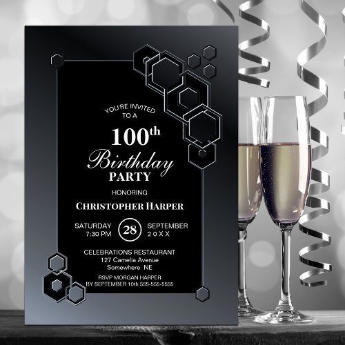 Black Grey Geometric 100th Birthday Party Invitation