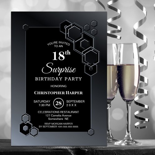 Black Grey Geometric Surprise 18th Birthday Party Invitation